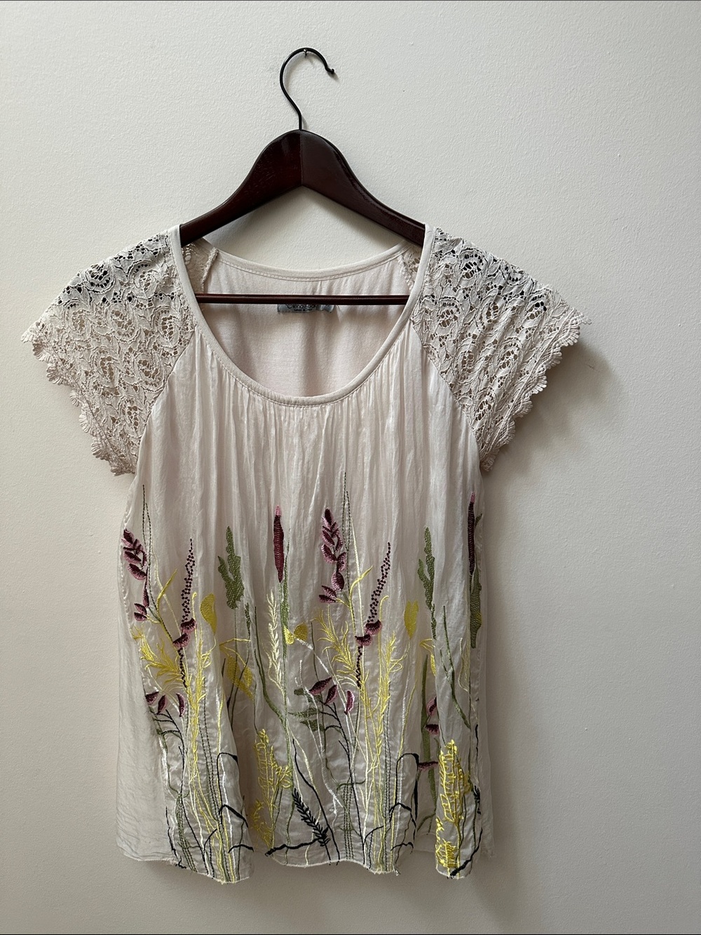 Boho Lace Sleeve Italian Embroidered Silk Floral Top in Cream